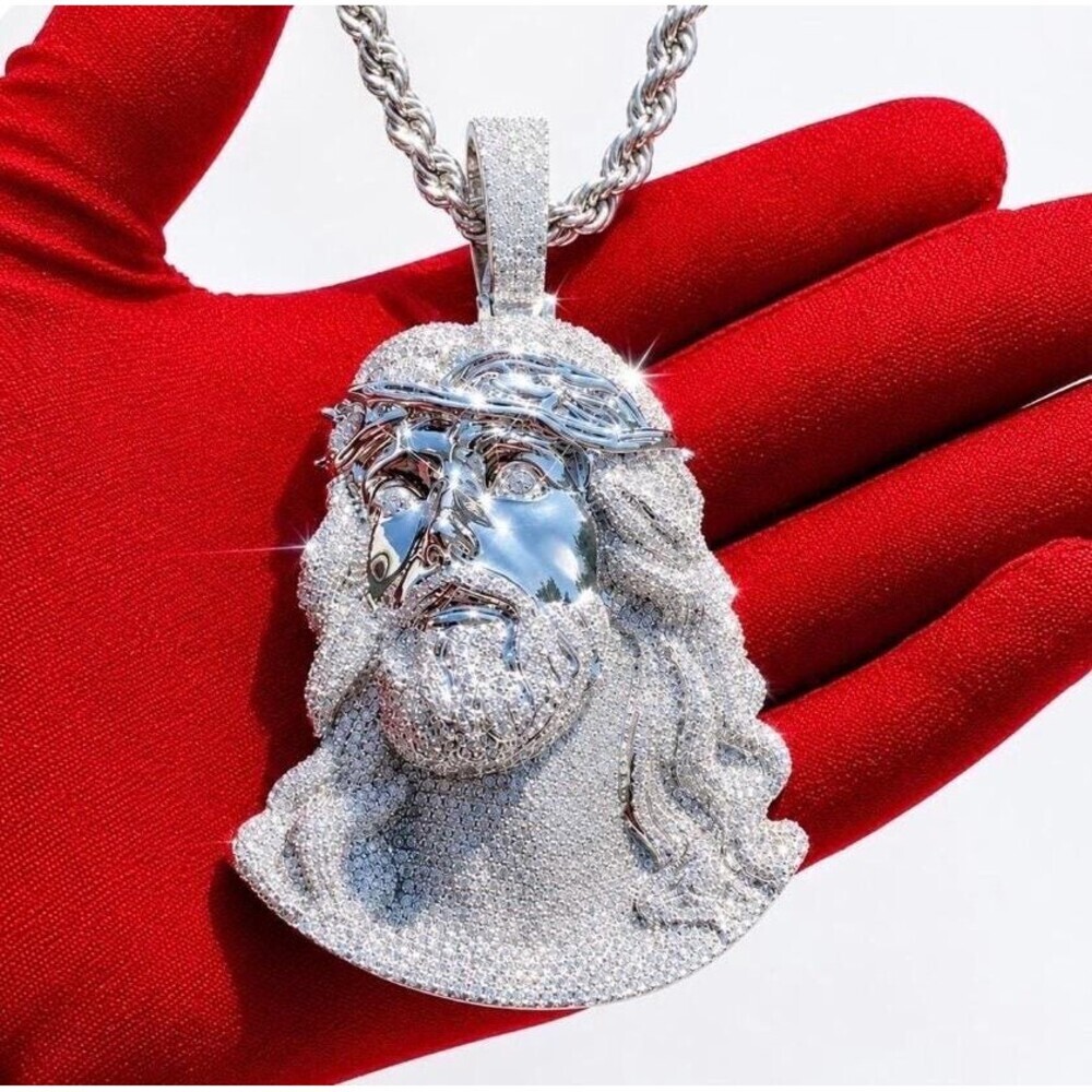 Iced Out Jesus Piece Pendant, Silver Rope Chain, CZ Hip Hop Necklace